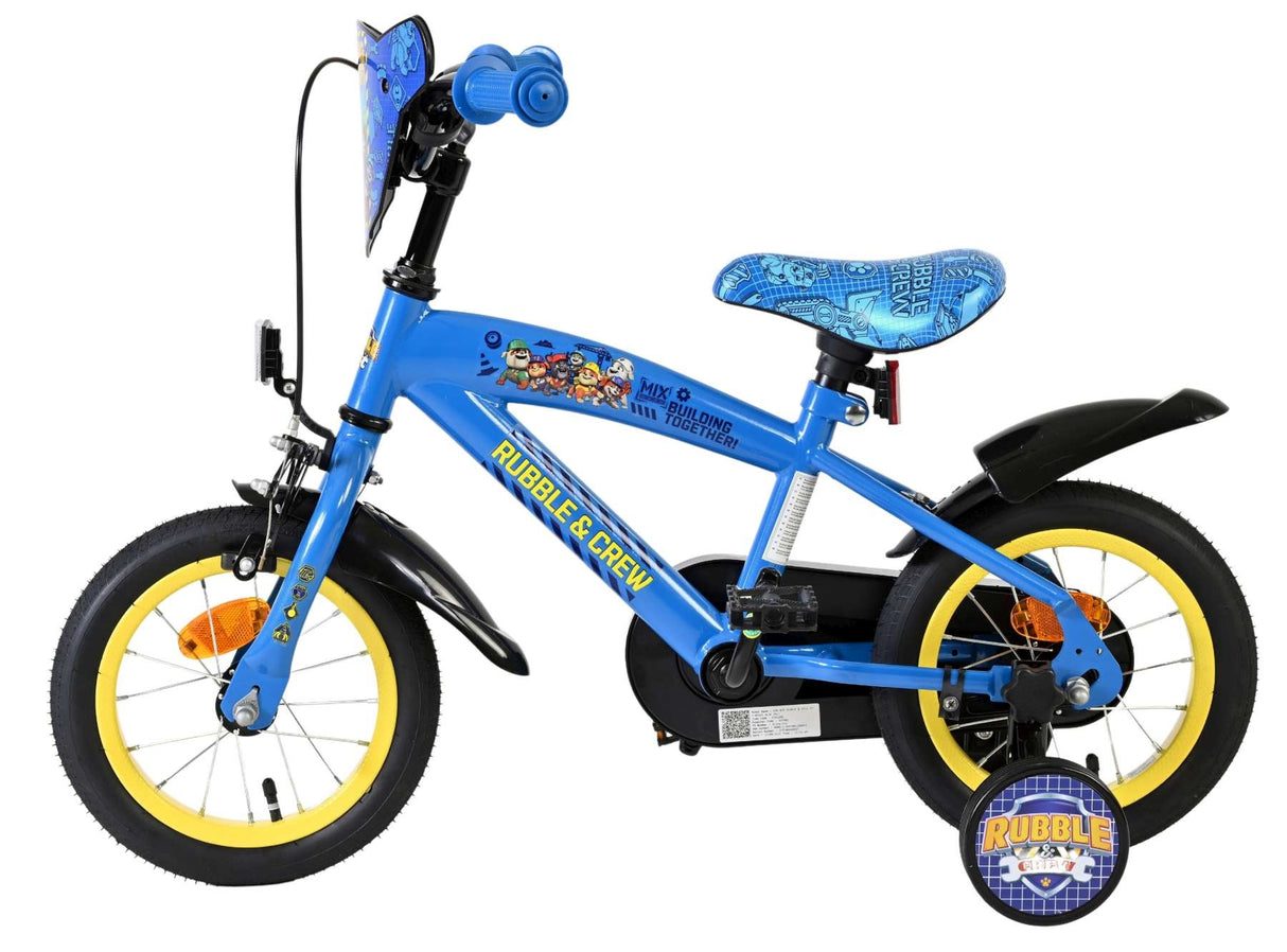 Blaues Kinderfahrrad mit gelben Reifen und Paw Patrol Motiven