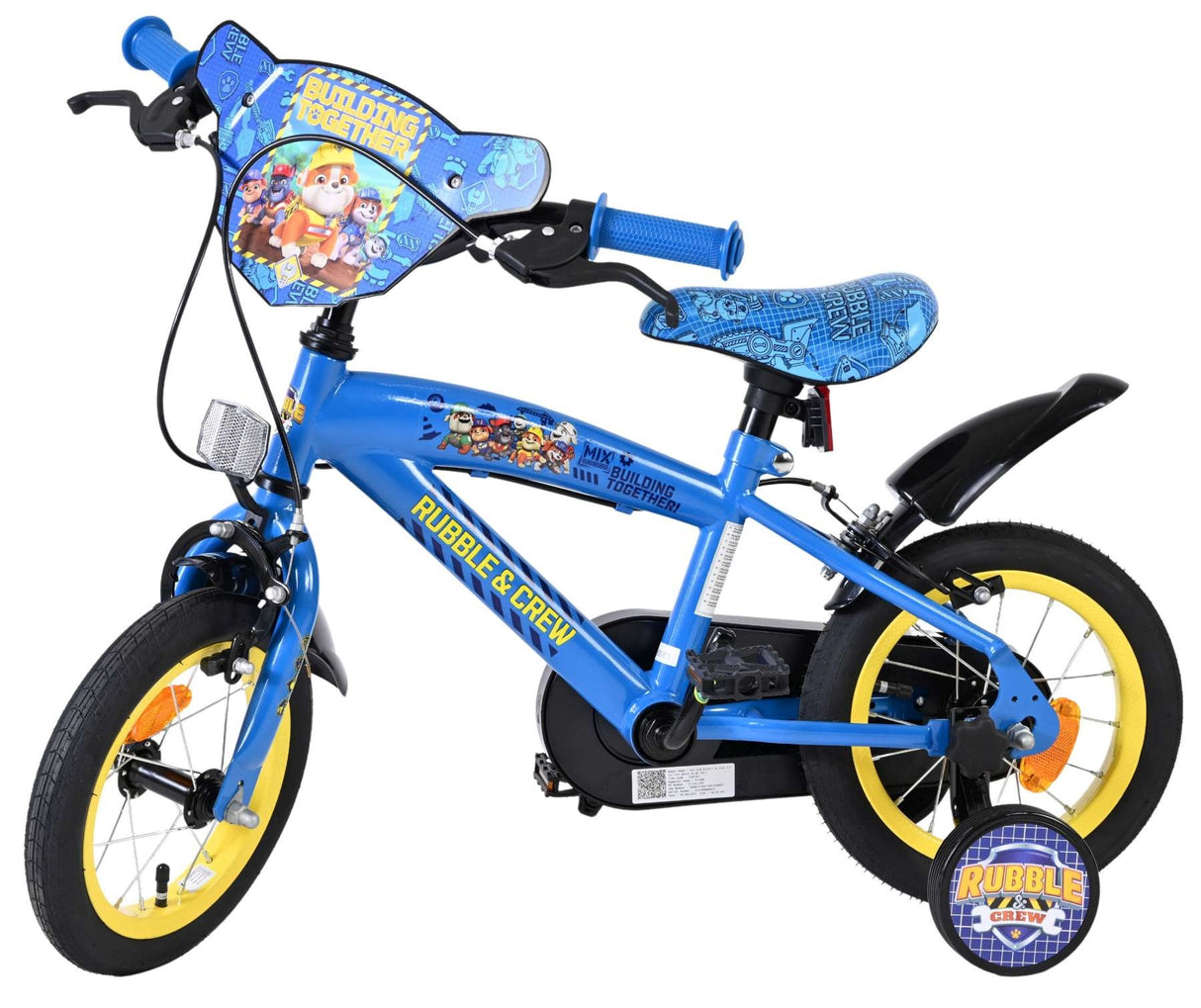 Blaues Kinderfahrrad mit Comic-Motiv und gelben Reifen