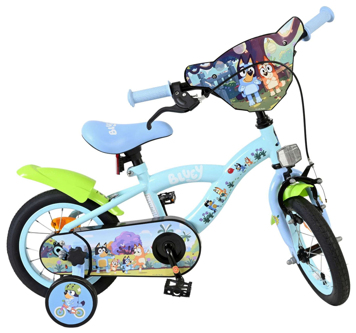 Kinderfahrrad in Blau mit buntem Design und Stützrädern