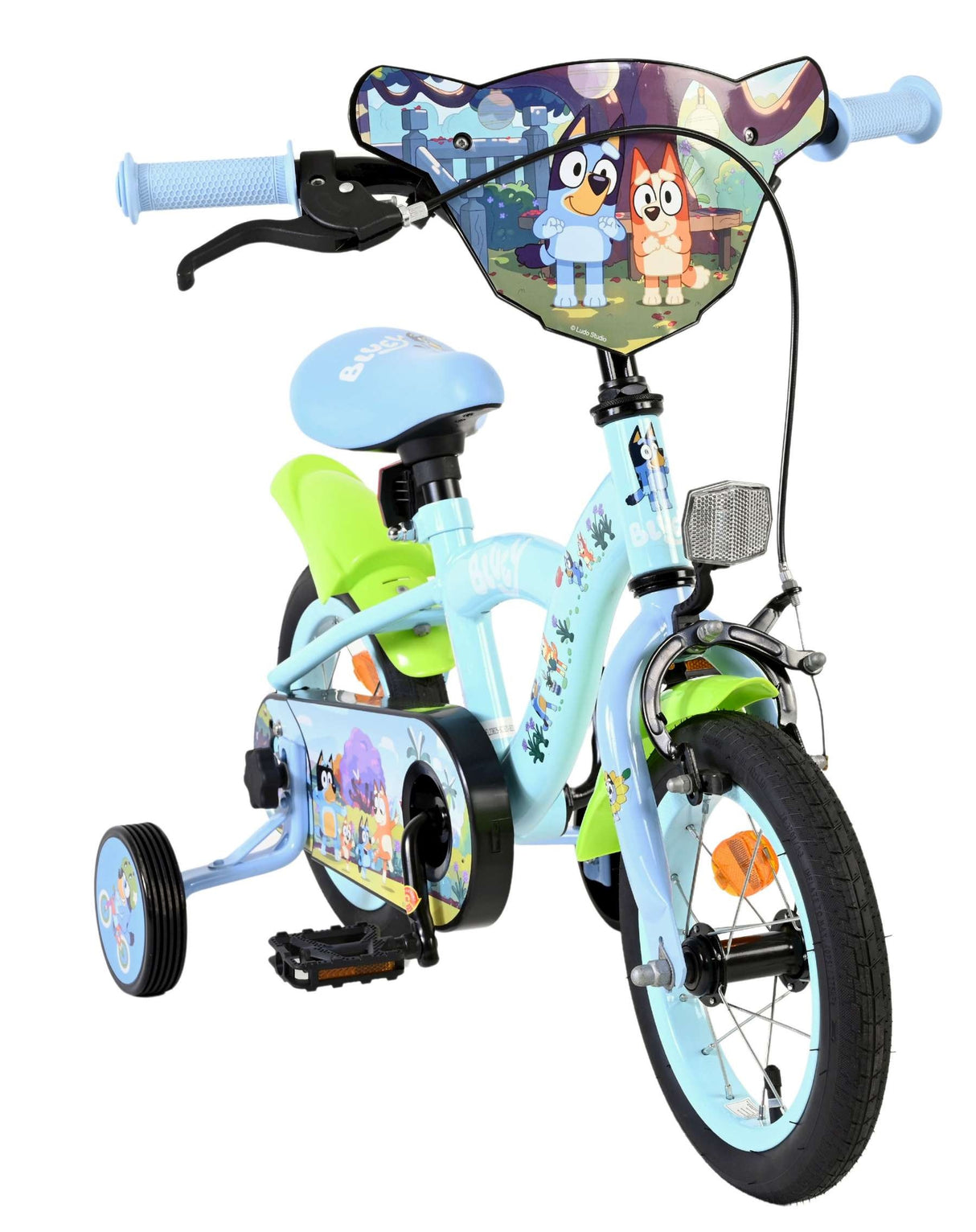 Kinderfahrrad in Blau mit buntem Design und Stützrädern