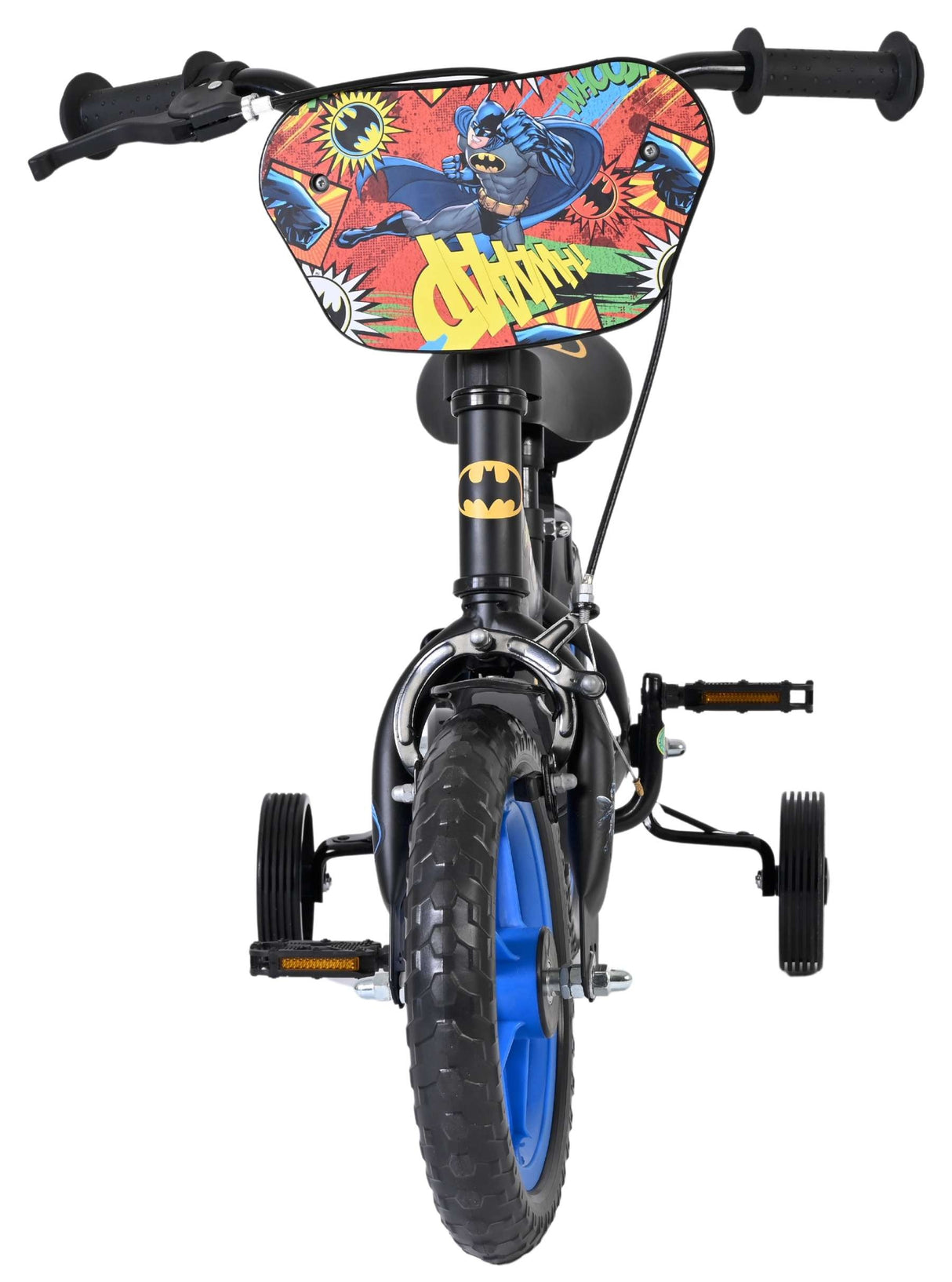 Kinderfahrrad mit Batman-Motiv, blauen Rädern und Stützrädern