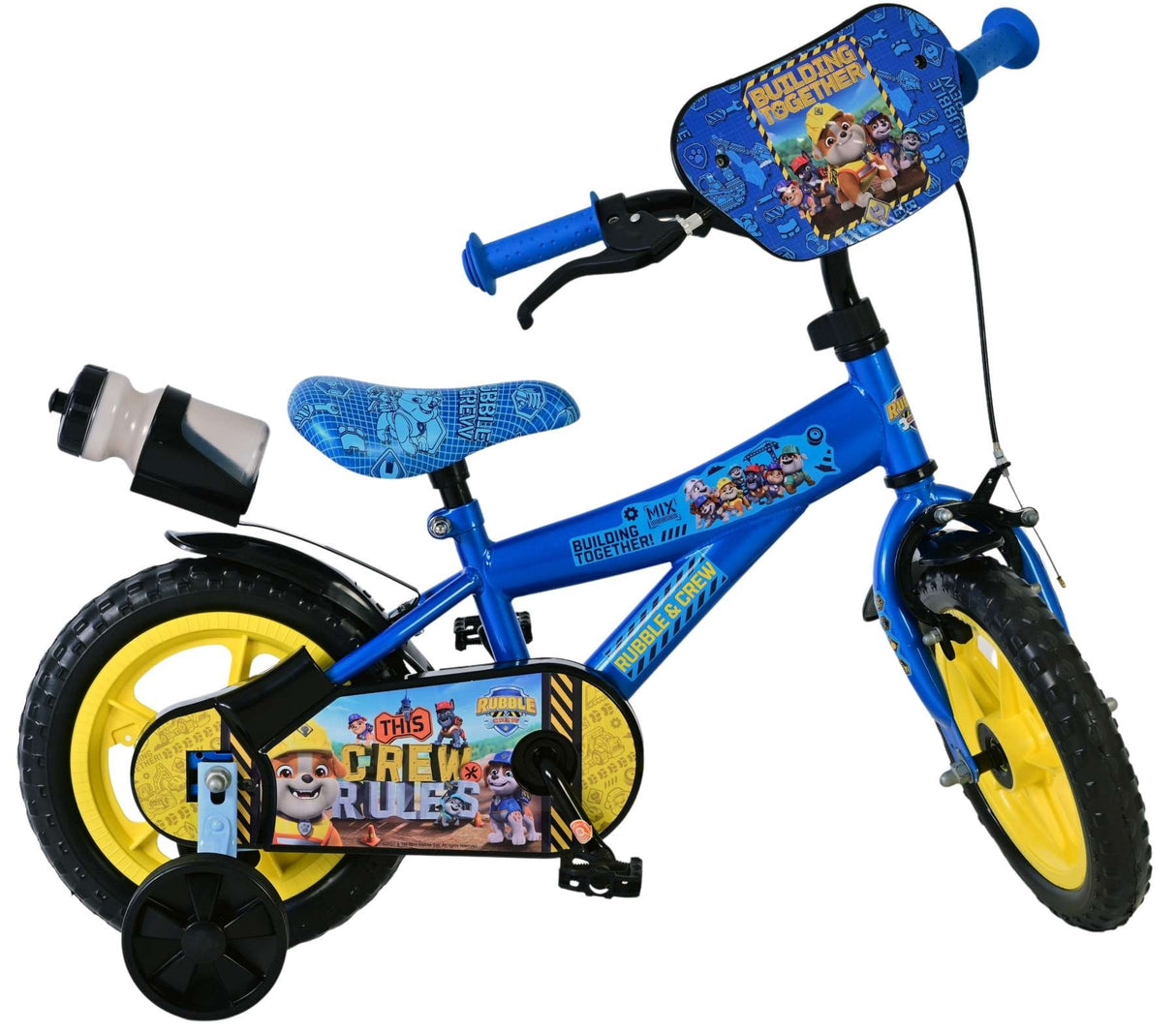 Blaues Kinderfahrrad mit gelben Reifen und Comic-Motiv auf dem Sattel