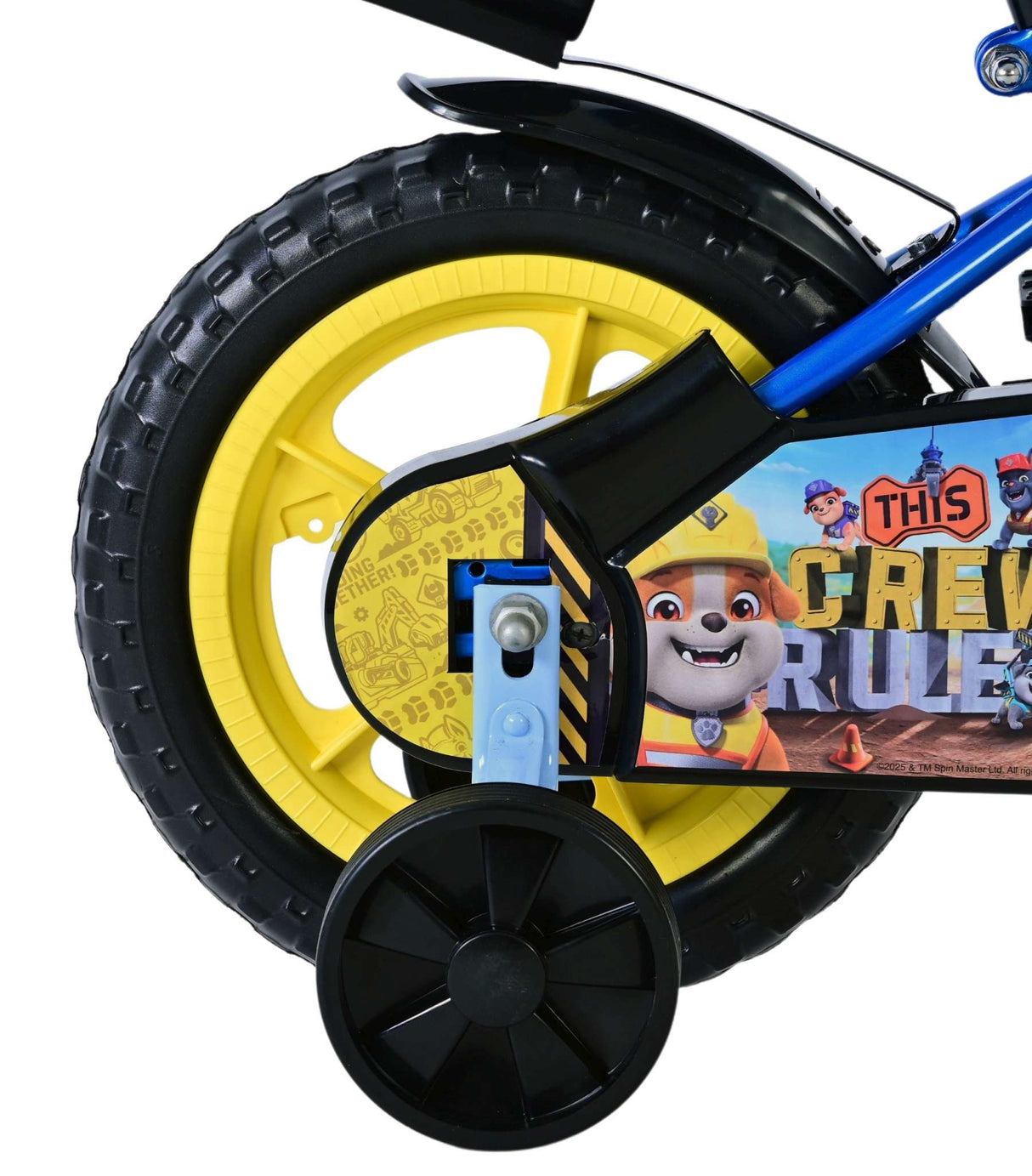 Buntes Kinderfahrrad mit gelben Rädern und stabiler Hinterachse