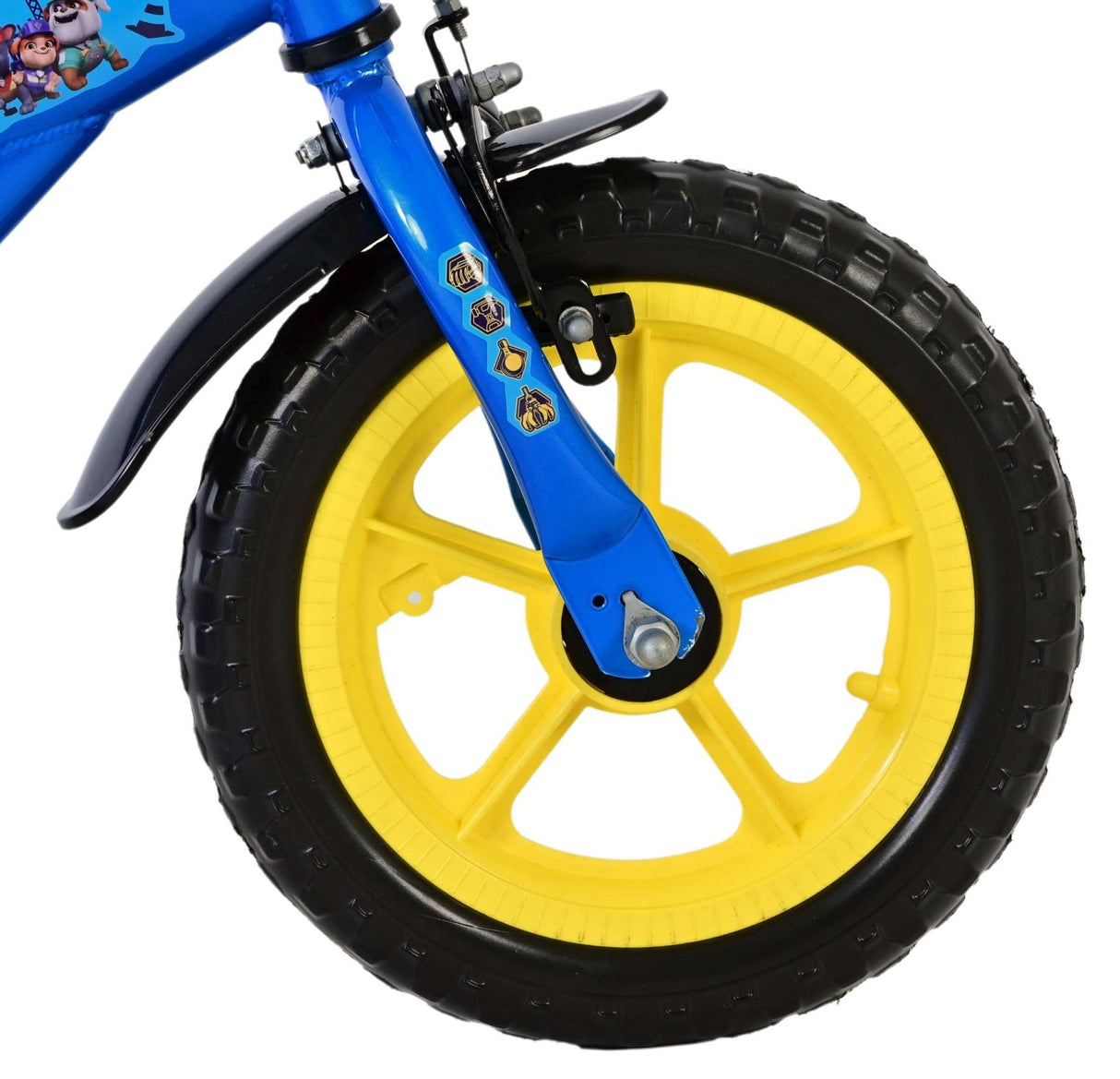 Blaues Kinderfahrrad mit gelbem Rad und schwarzem Reifen