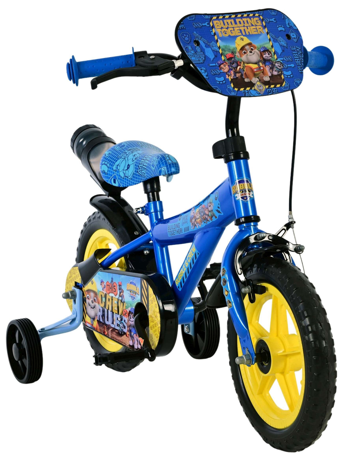 Blaues Kinderfahrrad mit gelben Rädern und stabilen Stützrädern