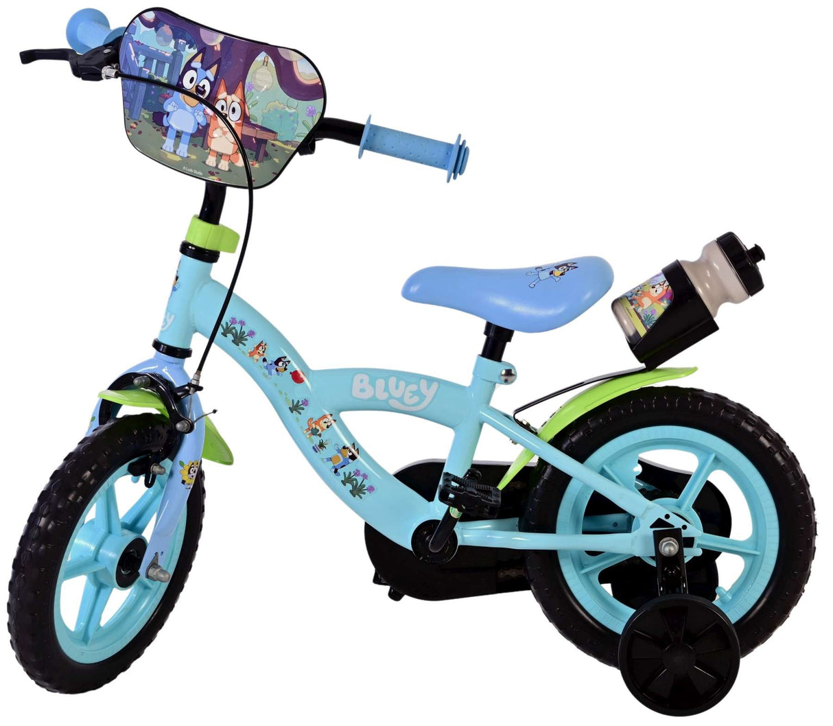 Kinderfahrrad in Blau mit niedlichem Design und Trinkflasche