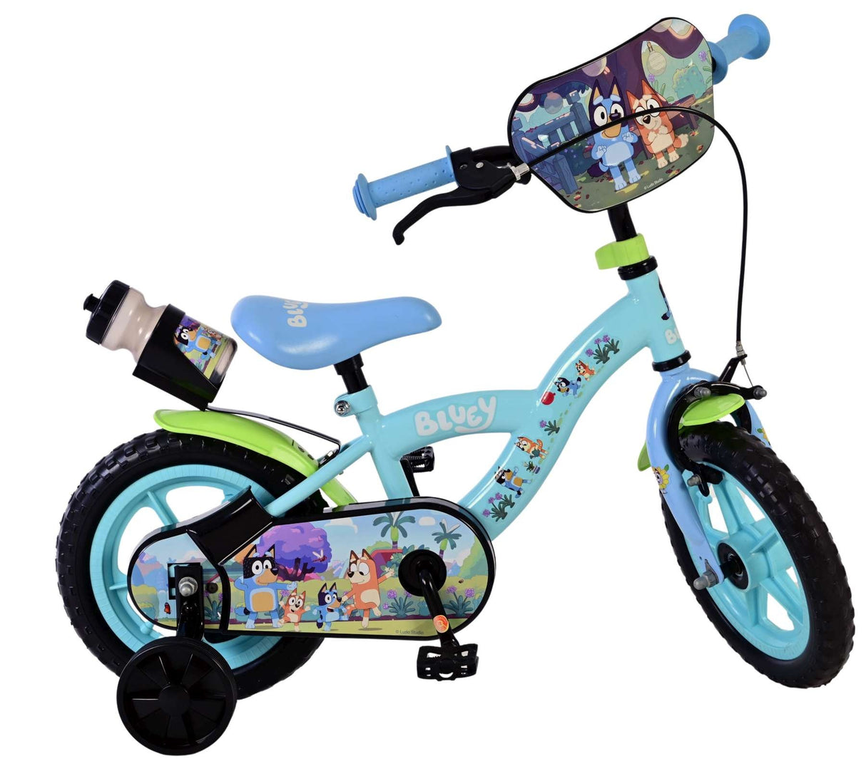Kinderfahrrad in Blau mit buntem Design und Stützrädern