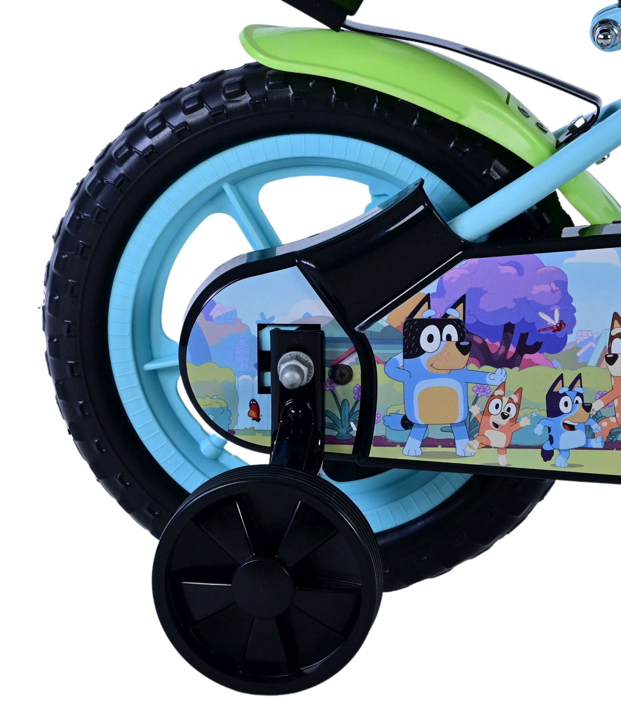 Buntes Kinderfahrrad mit Stützrädern und Comic-Motiv auf dem Rahmen