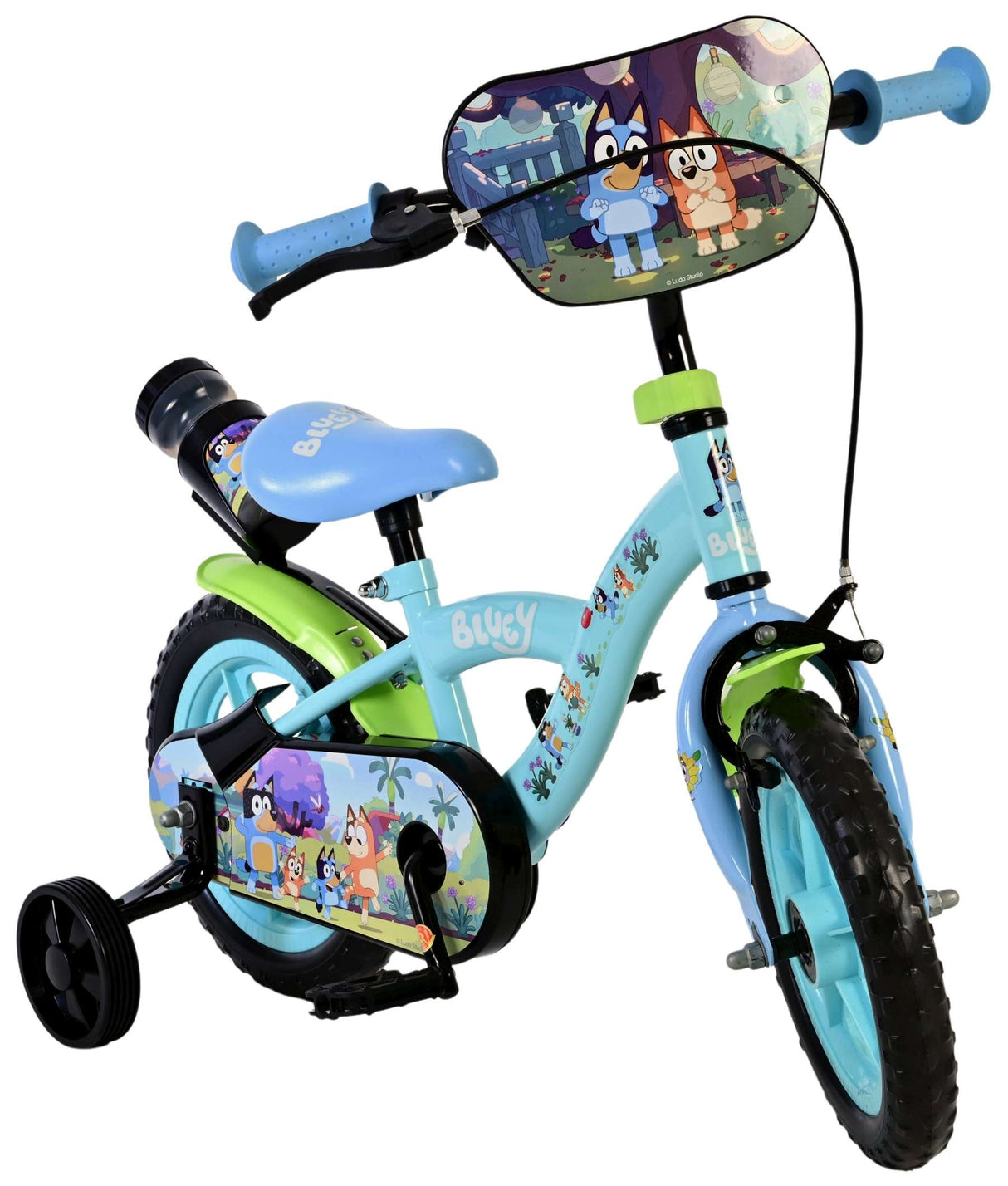Kinderfahrrad in Blau mit stabilen Stützrädern und buntem Design