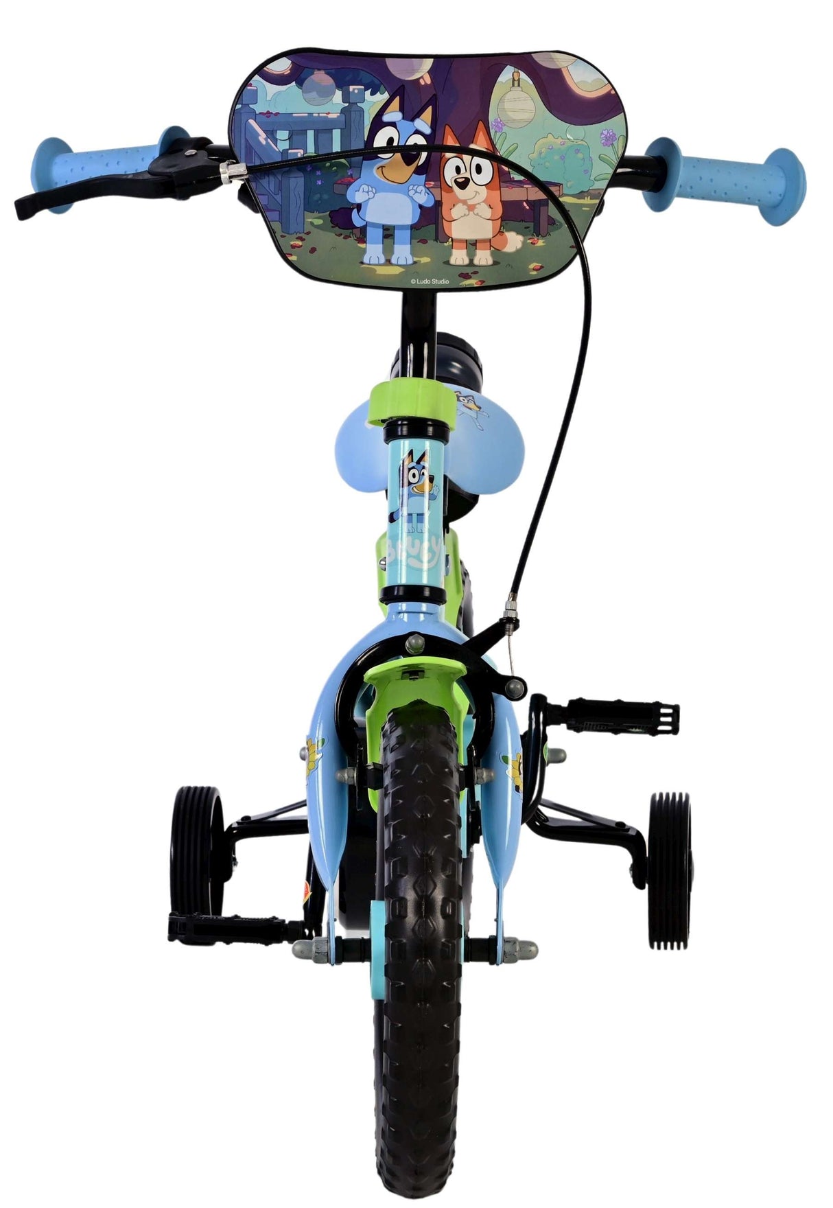 Kinderfahrrad mit blauem Rahmen und buntem Lenkerdesign