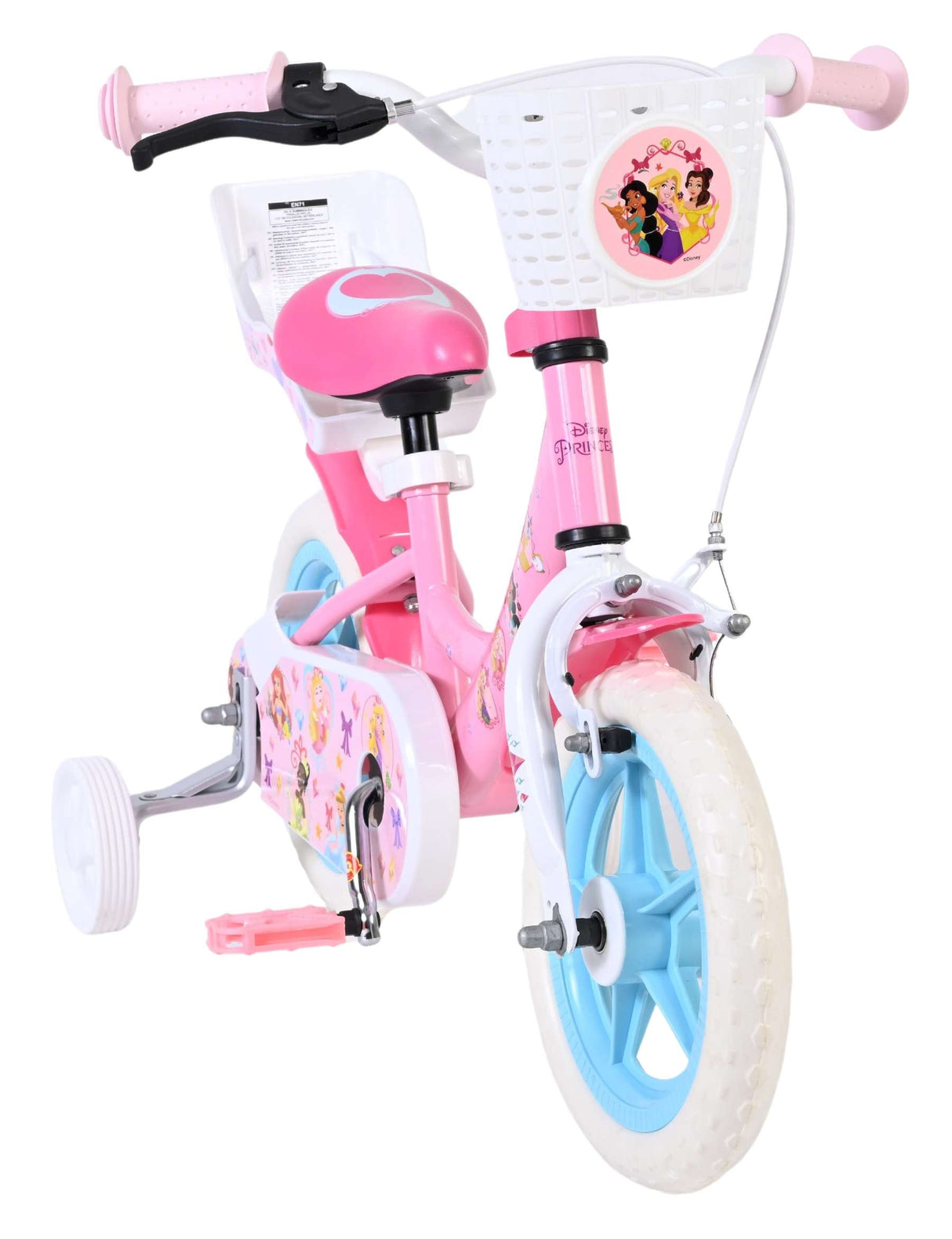 Rosa Kinderfahrrad mit Korb und buntem Prinzessinnen-Motiv