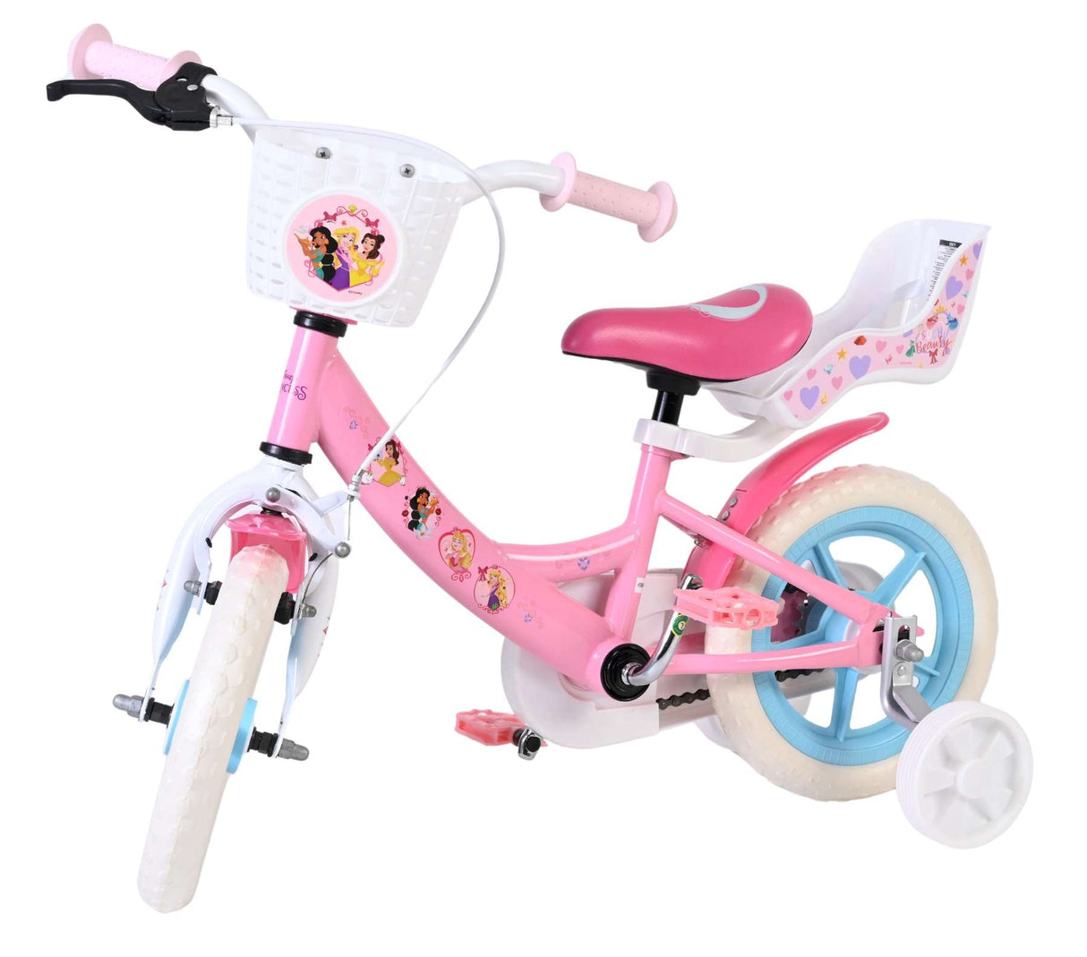 Rosa Kinderfahrrad mit Korb, Stützrädern und bunten Aufklebern