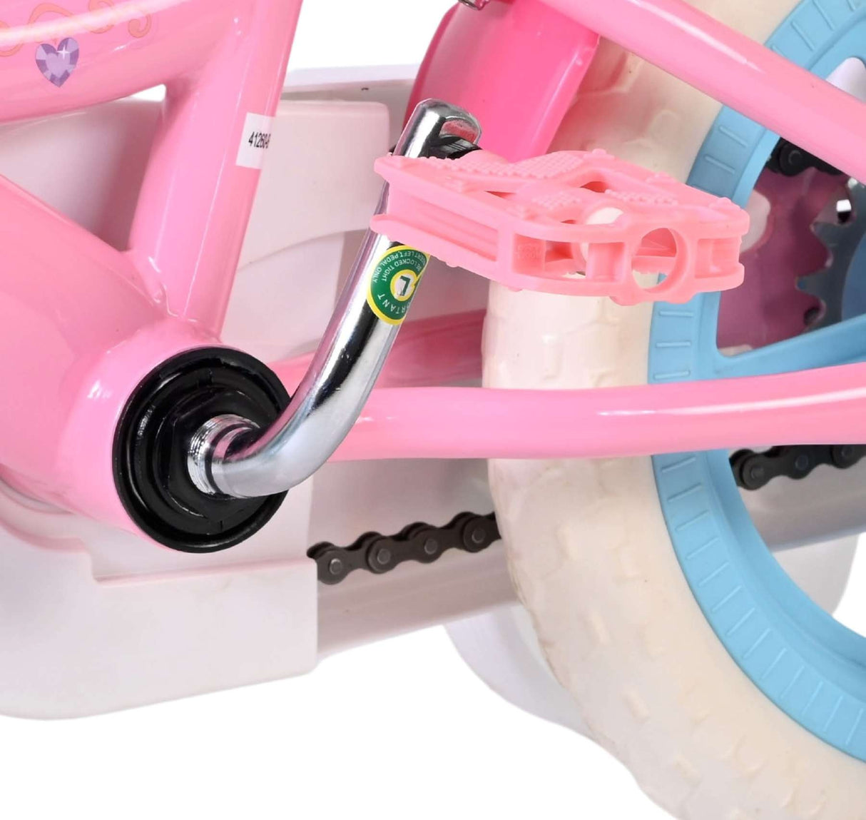 Rosa Kinderfahrrad mit pinken Pedalen und weißen Reifen