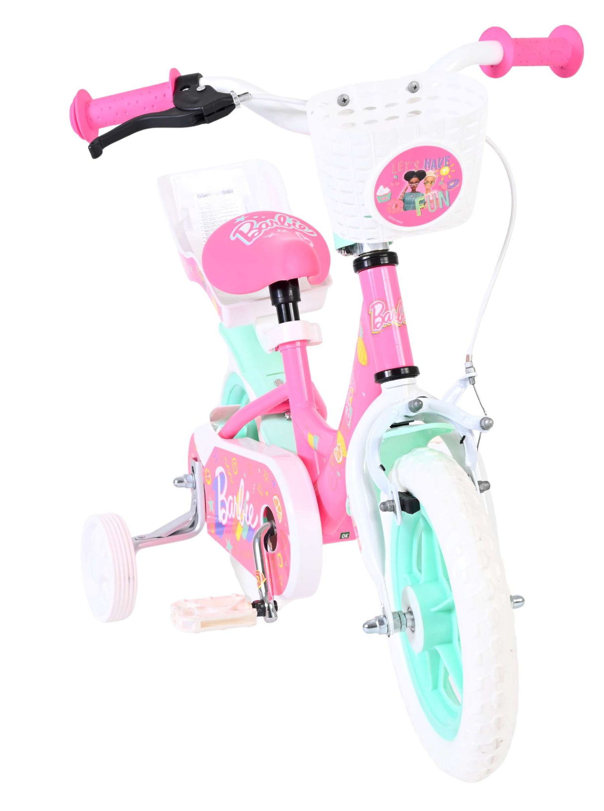 Kinderfahrrad in Pink und Mint mit Korb und Barbie-Motiv