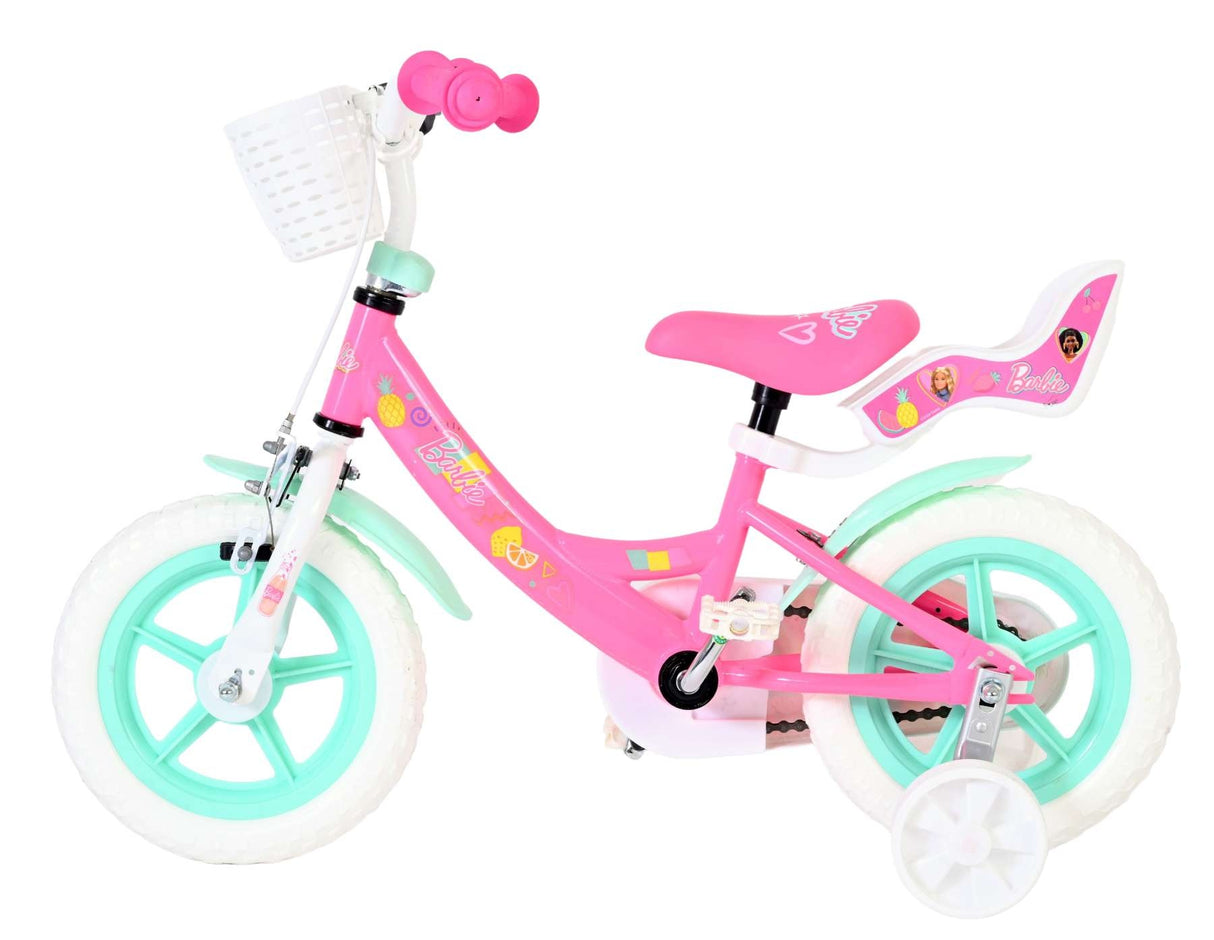 Rosa Kinderfahrrad mit weißen Reifen und Korb vorne