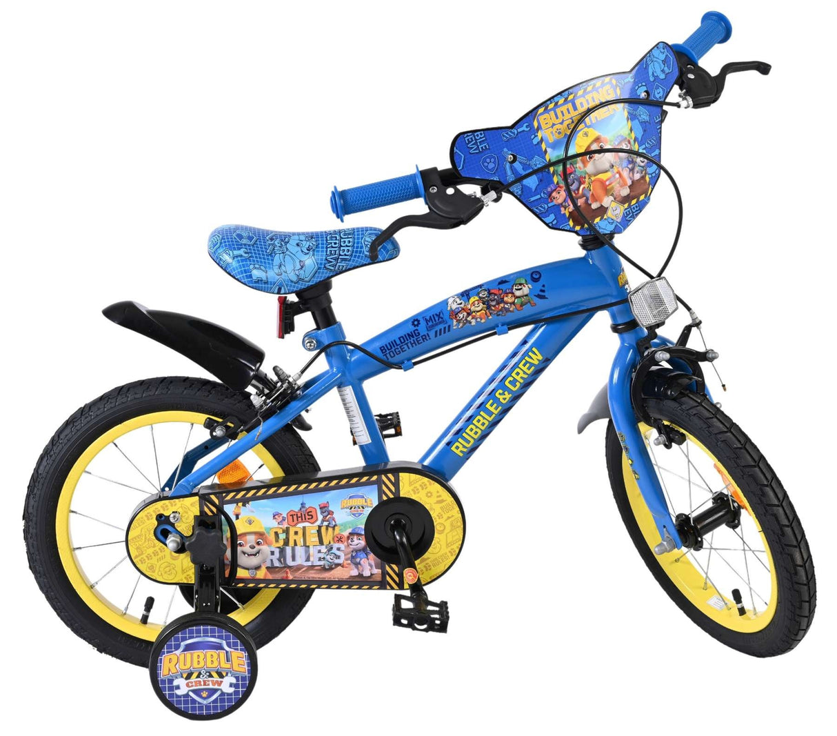 Blaues Kinderfahrrad mit buntem Design und gelben Reifen