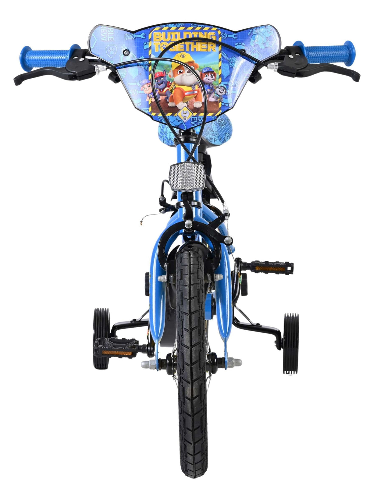 Blaues Kinderfahrrad mit drei Rädern und buntem Lenkerdesign