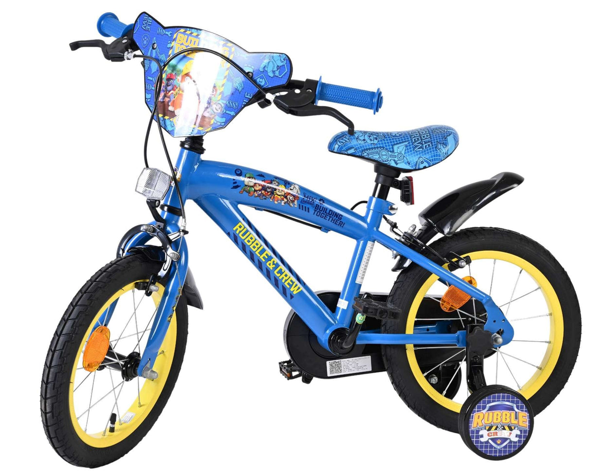 Blaues Kinderfahrrad mit gelben Reifen und Comic-Motiv auf dem Sattel