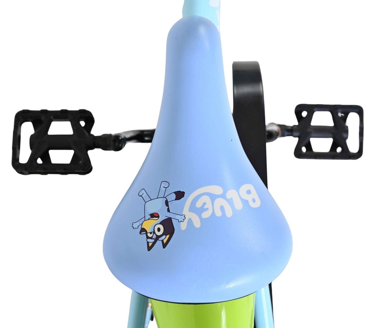 Blaue Fahrradsattel mit Cartoon-Motiv und grüner Unterseite