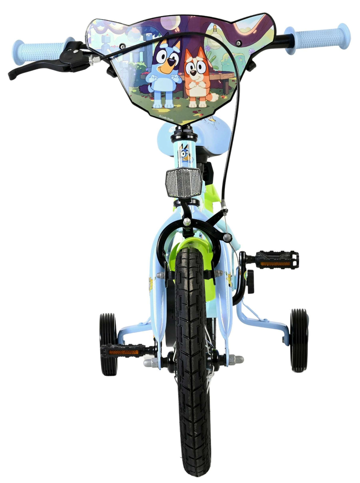 Kinderfahrrad mit blauem Rahmen und buntem Schutzschild vorne