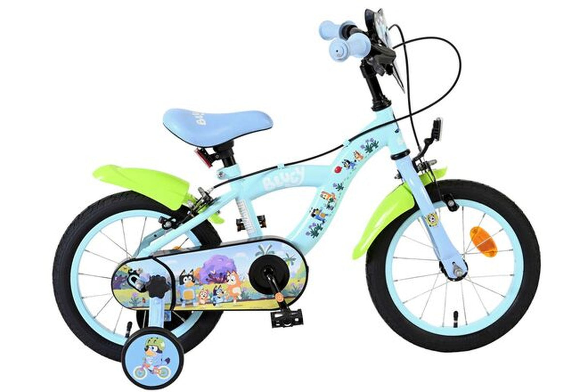 Kinderfahrrad in Blau mit bunten Charaktermotiven und stabilen Reifen
