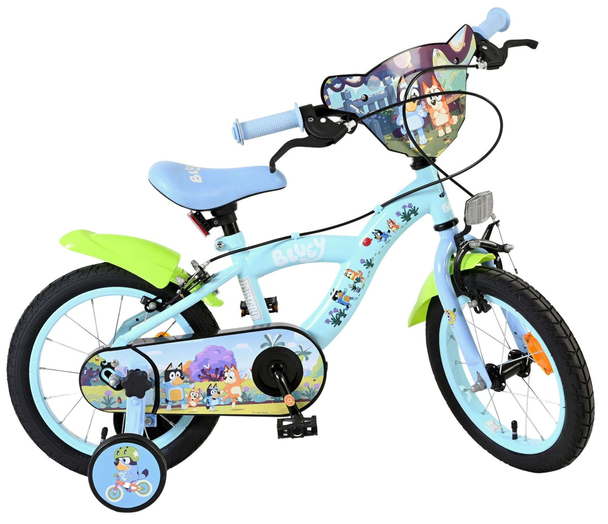 Kinderfahrrad in Blau mit grünen Akzenten und Stützrädern