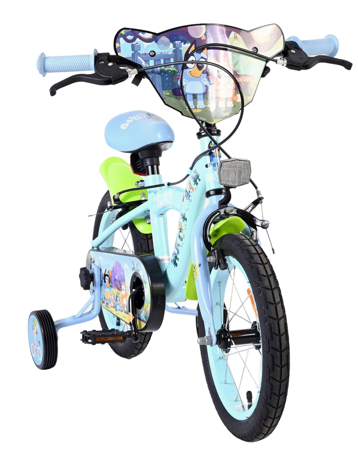 Kinderfahrrad in Blau mit stabilen Stützrädern und buntem Design