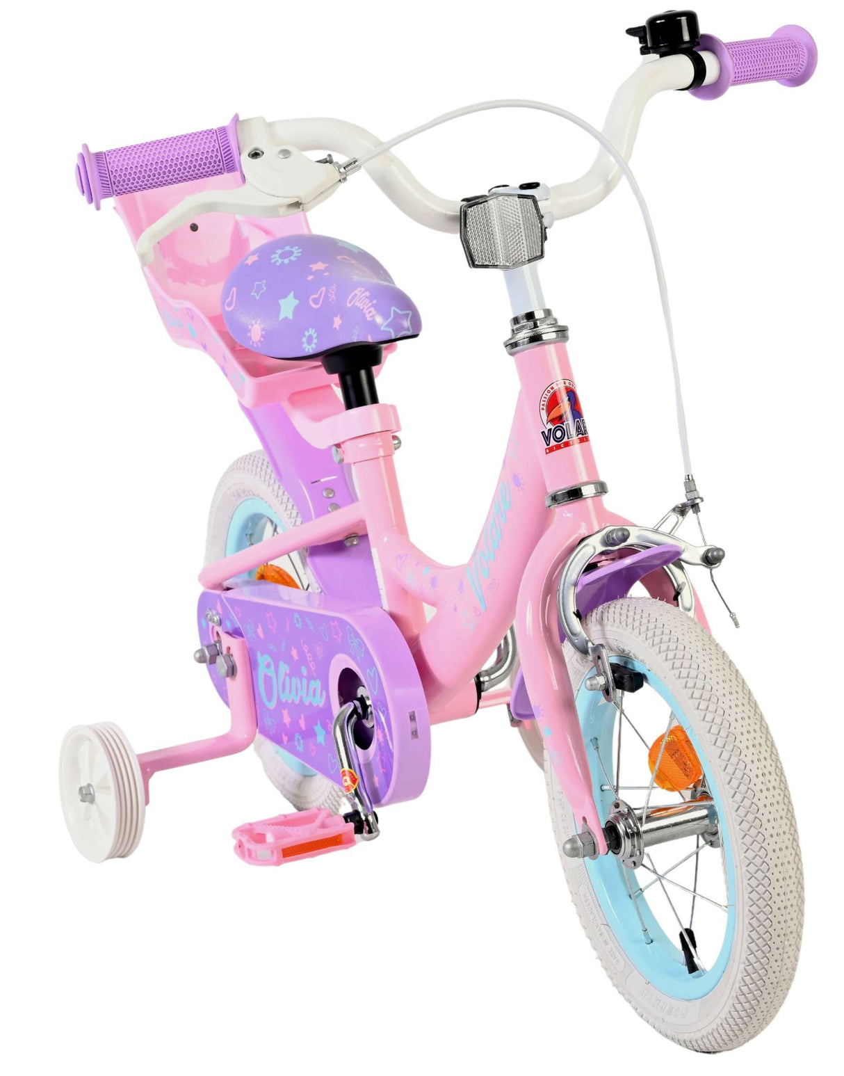 Rosa Kinderfahrrad mit Stützrädern und bunten Verzierungen
