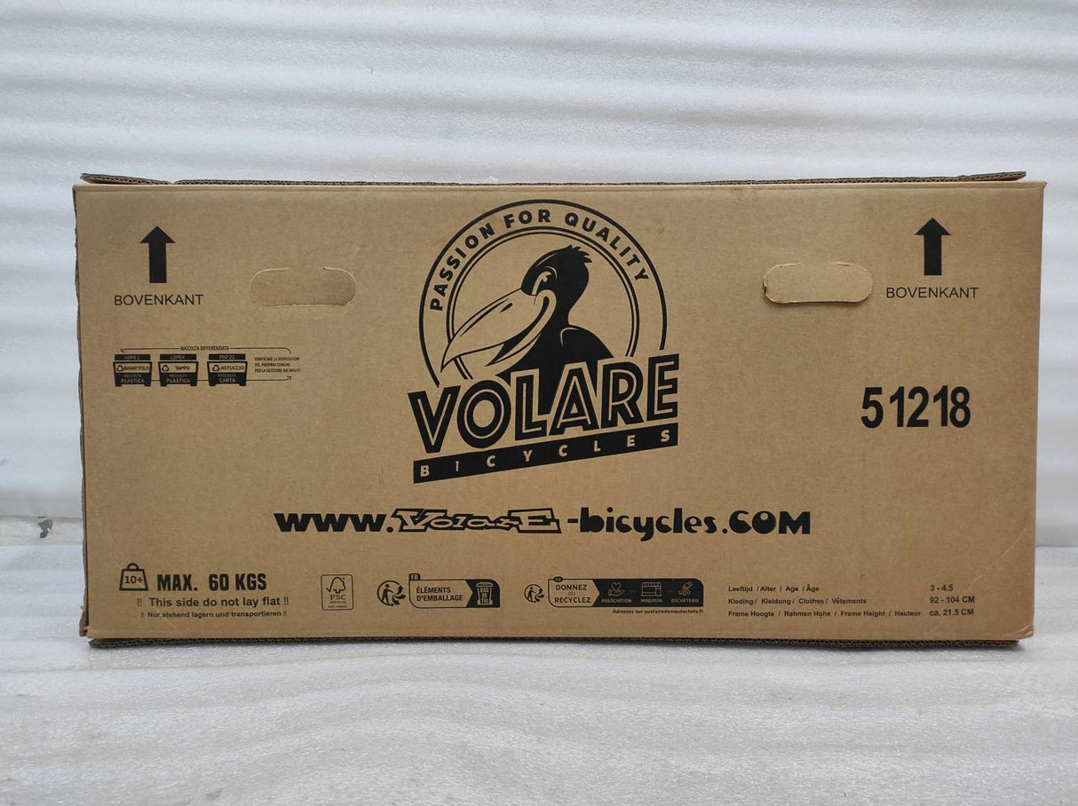 Kartonverpackung für ein Fahrrad, mit Logo und Gewichtshinweis
