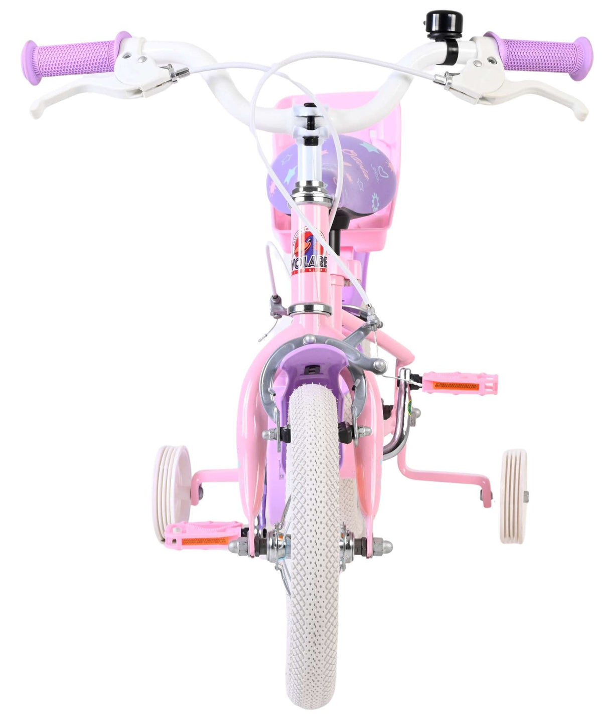 Rosa Kinderfahrrad mit zwei Rädern und Stützrädern vorne