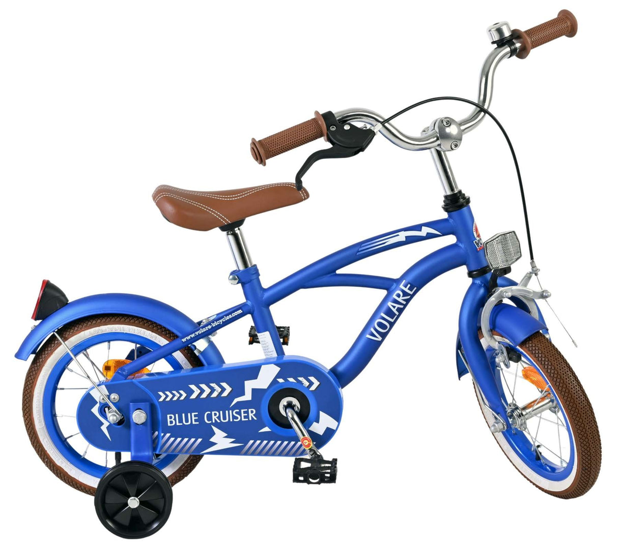Blaues Kinderfahrrad mit braunem Sattel und Griffen, stabiler Rahmen