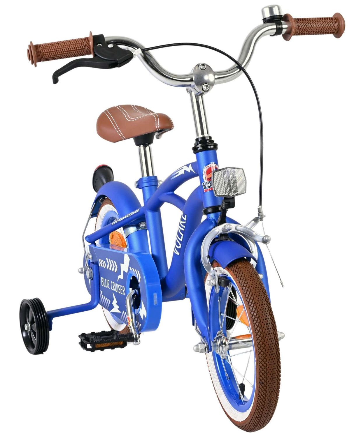 Blaues Kinderfahrrad mit Stützrädern und braunen Details