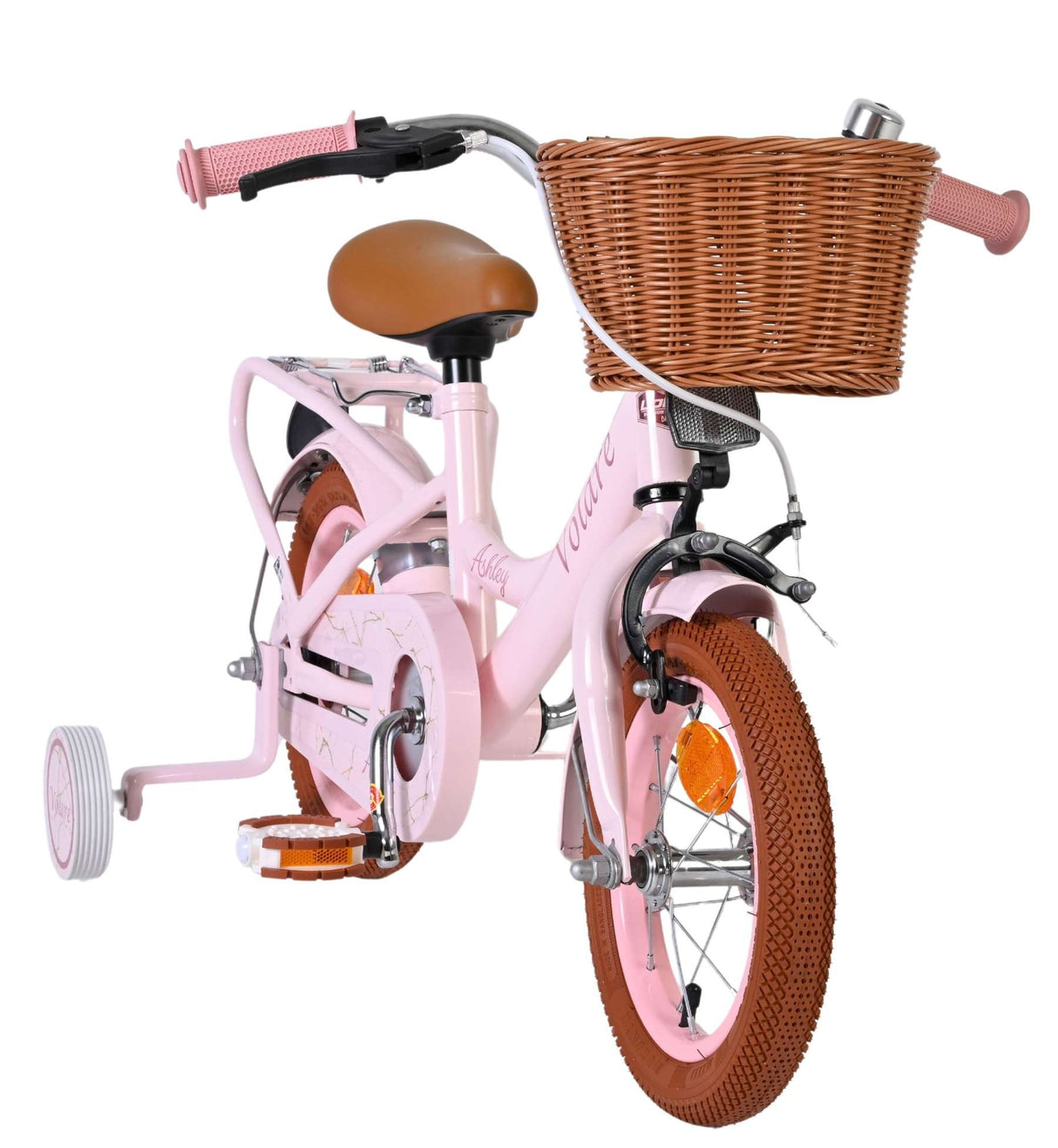 Rosa Kinderfahrrad mit Korb und Stützrädern, brauner Sitz
