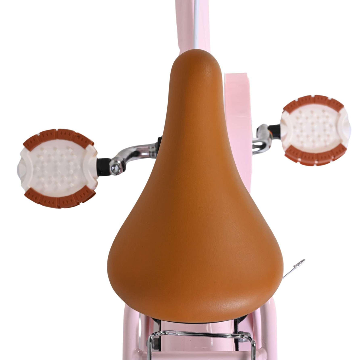 Rosa Kinderfahrrad mit braunem Sattel und weißen Handgriffen