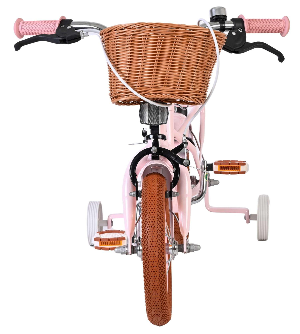 Rosa Kinderfahrrad mit Korb und Stützrädern vorneansicht