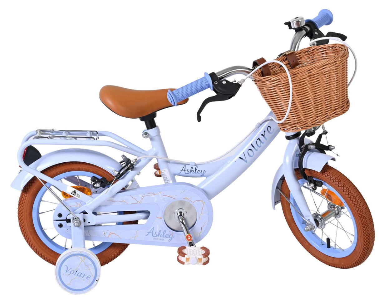 Kinderfahrrad in Blau mit Korb und braunen Details