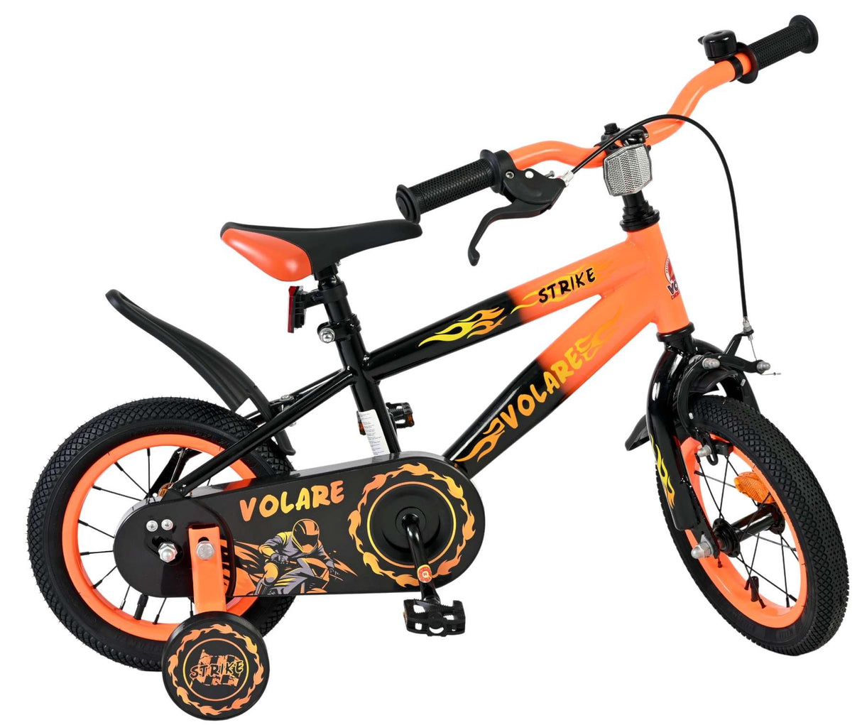 Schwarzes und oranges Kinderfahrrad mit Flammenmuster und Rücktrittbremse