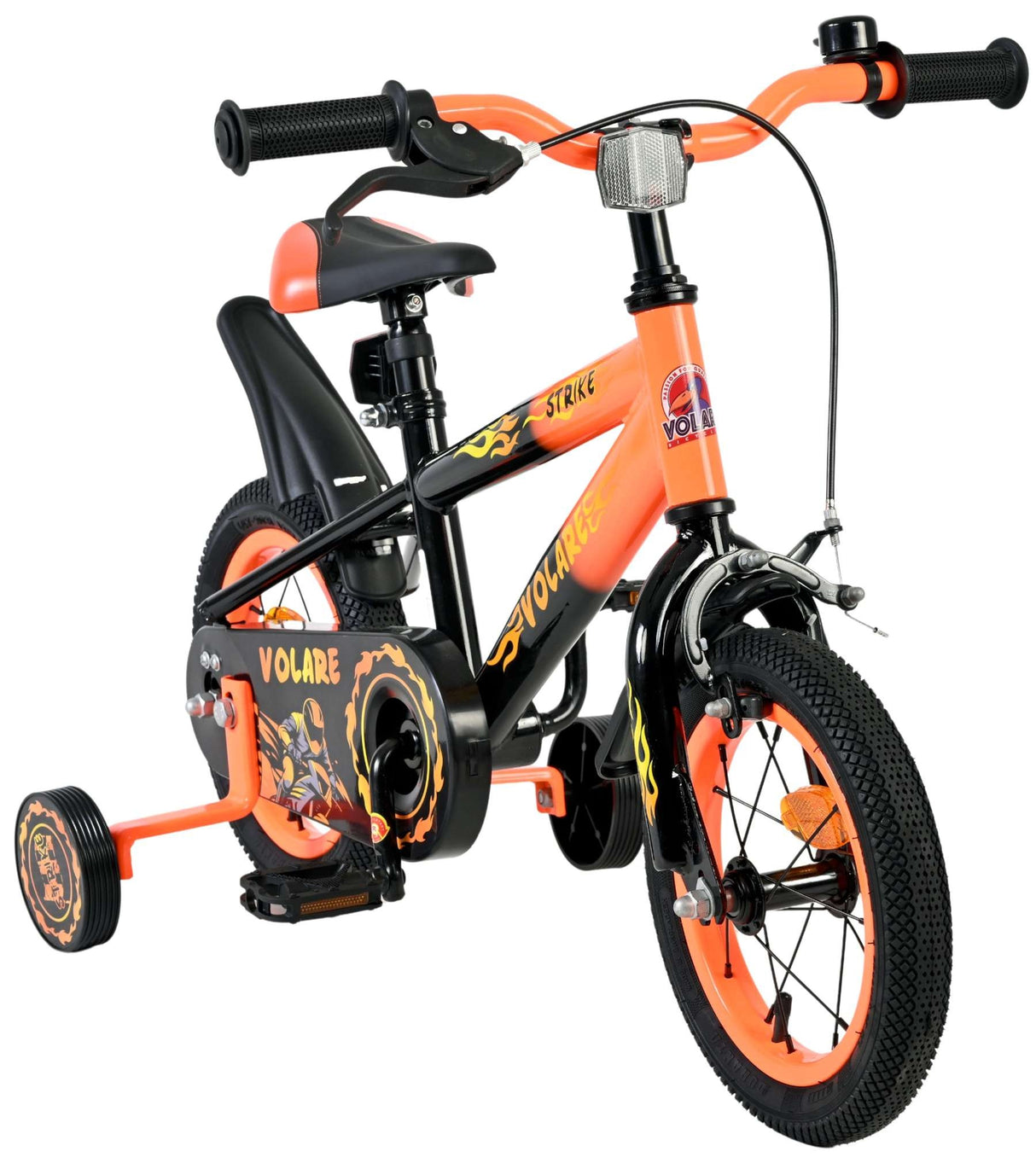 Kinderfahrrad in Orange und Schwarz mit Stützrädern und sportlichem Design