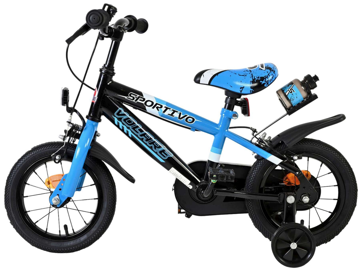 Kinderfahrrad in Schwarz und Blau mit Stützrädern und Trinkflasche
