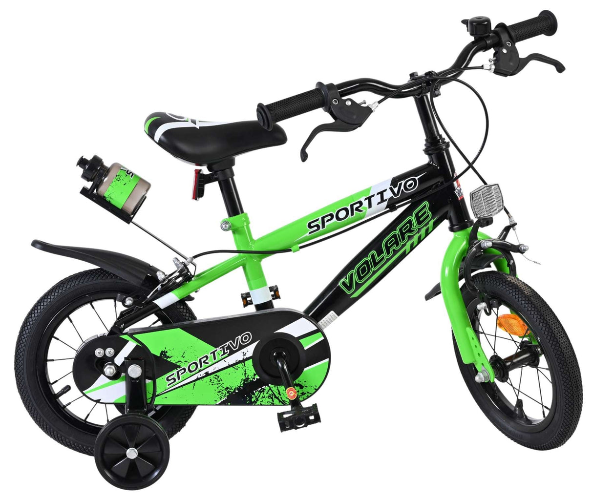 Kinderfahrrad in grün mit schwarzem Rahmen und Stützrädern