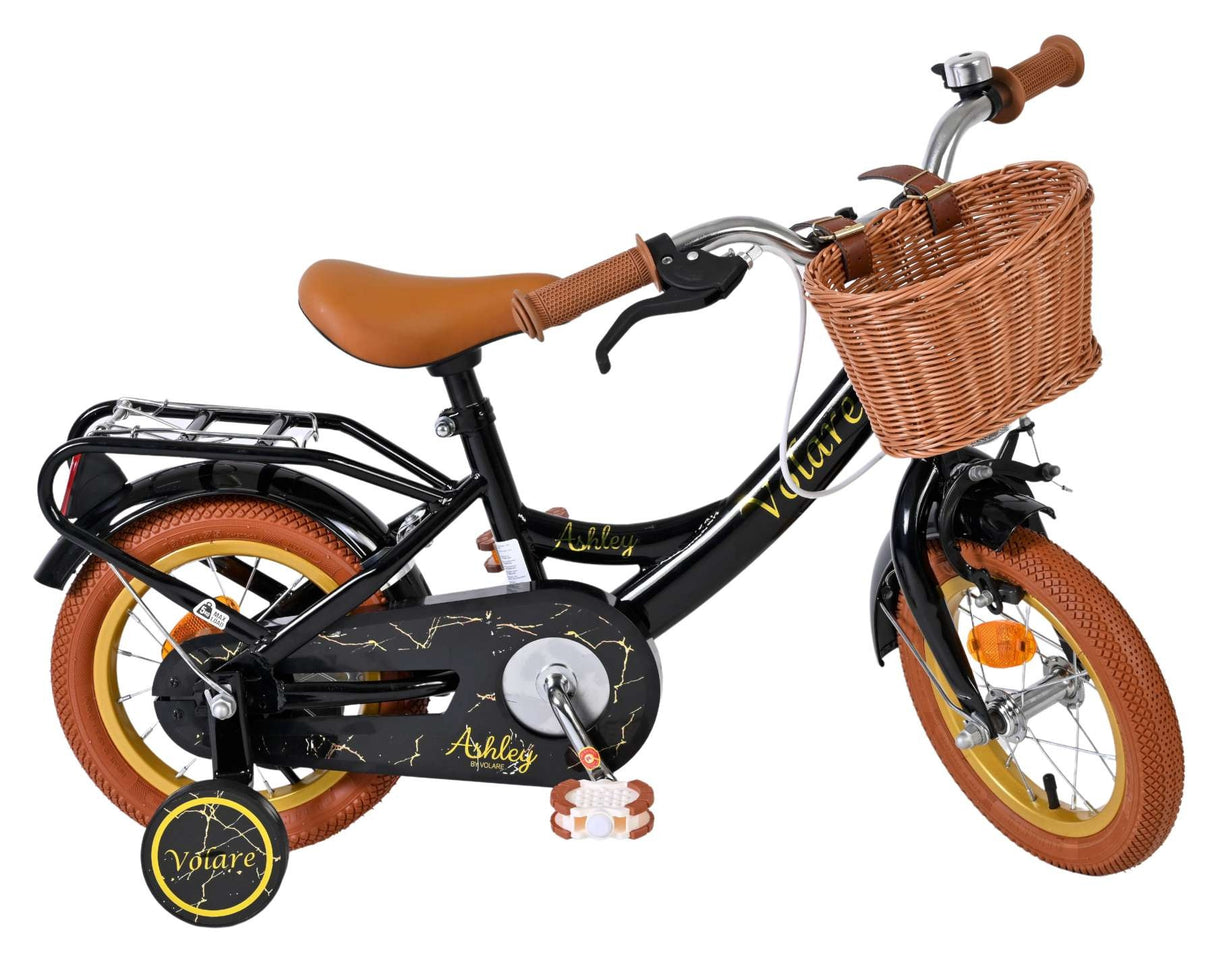Schwarzes Kinderfahrrad mit Korb, braunen Reifen und Griffen