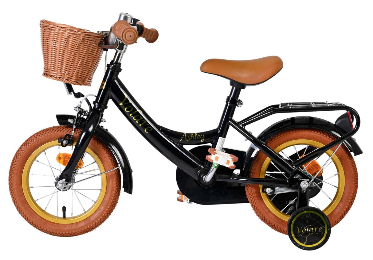 Schwarzes Kinderfahrrad mit Korb und braunen Details, stabiler Rahmen