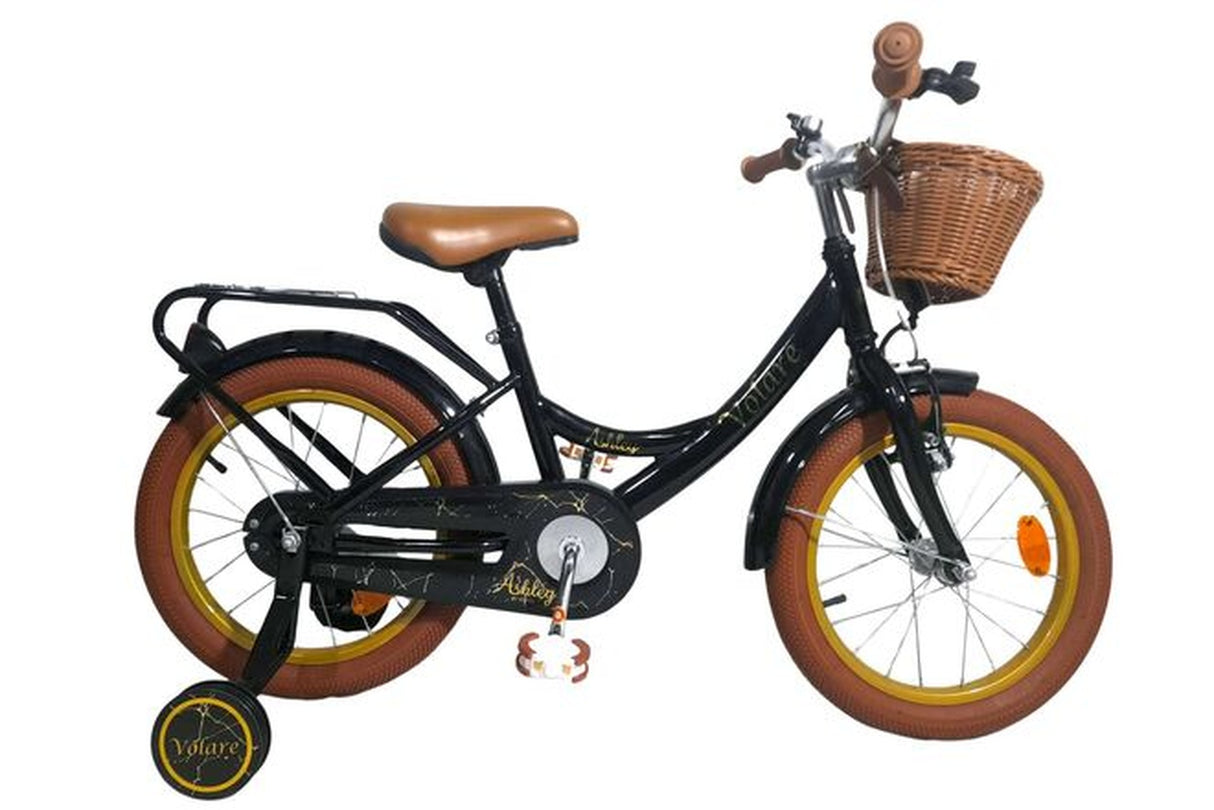 Schwarzes Kinderfahrrad mit Korb, braunem Sattel und stabilen Stützrädern