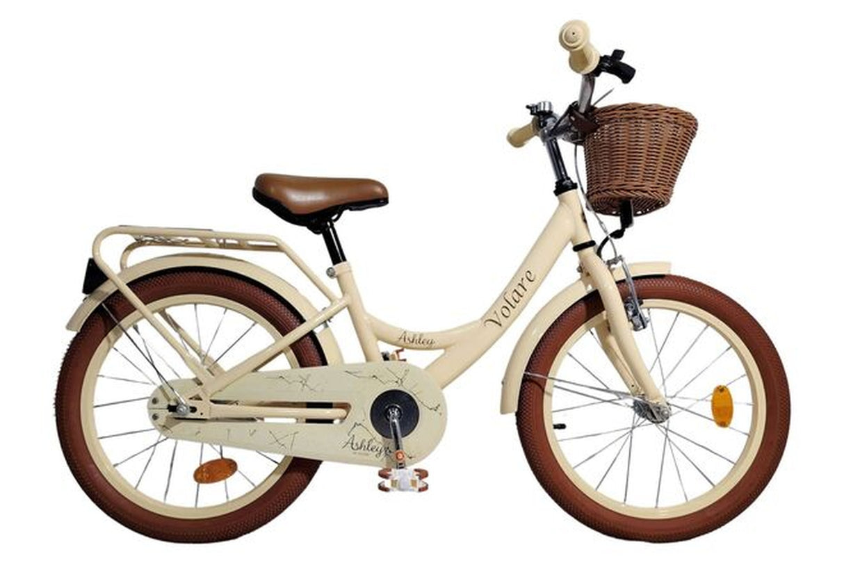 Beige Kinderfahrrad mit Korb, braunem Sattel und dicken Reifen