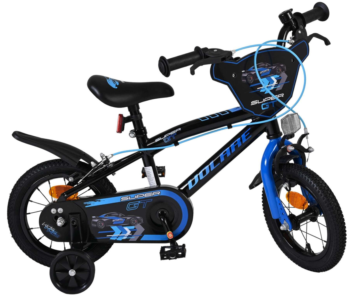 Schwarzes Kinderfahrrad mit blauen Akzenten und Stützrädern