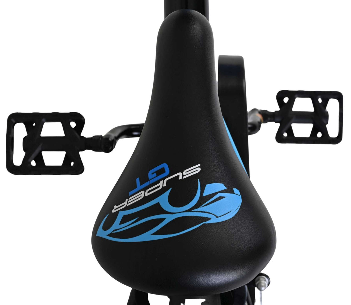 Schwarzer Fahrradsattel mit blauen Designelementen und Pedalen
