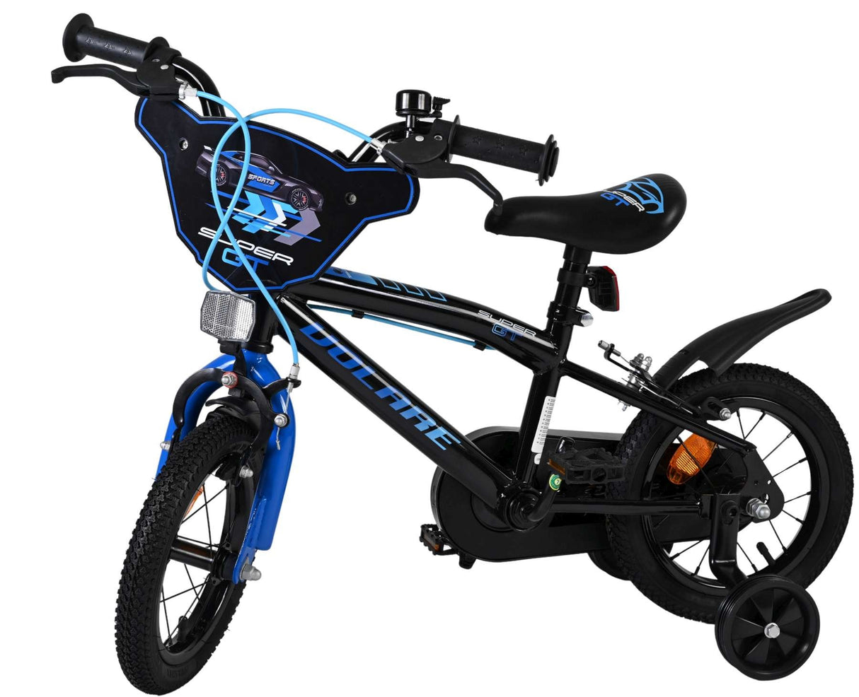 Schwarzes Kinderfahrrad mit blauen Akzenten und Stützrädern