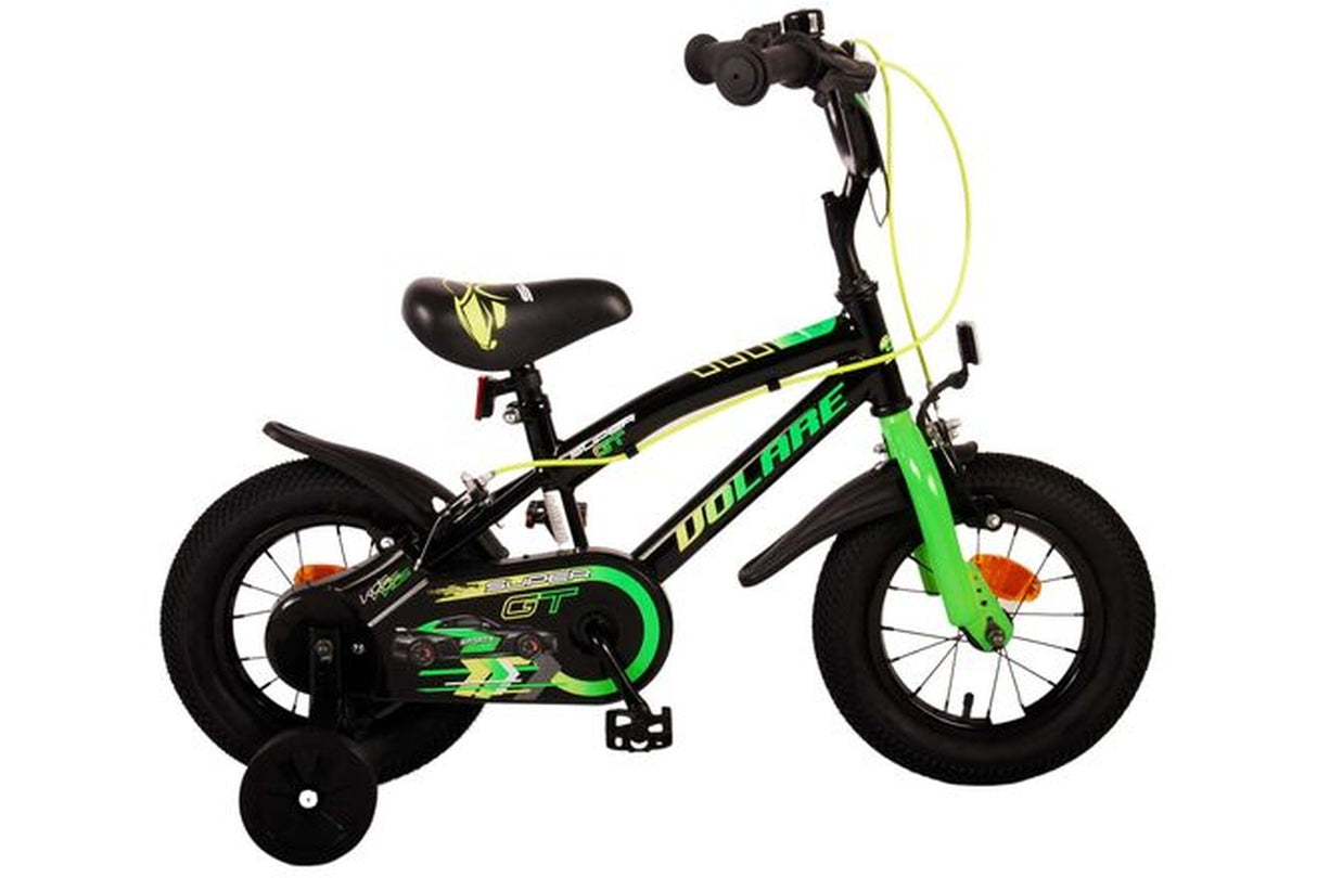 Kinderfahrrad in Schwarz und Grün mit Stützrädern und sportlichem Design