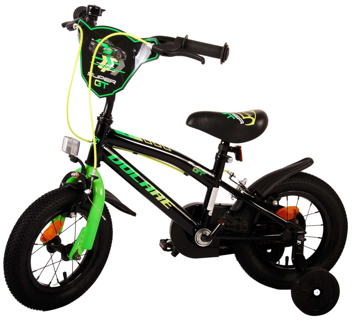 Kinderfahrrad in Schwarz und Grün mit Stützrädern und verstellbarem Sattel