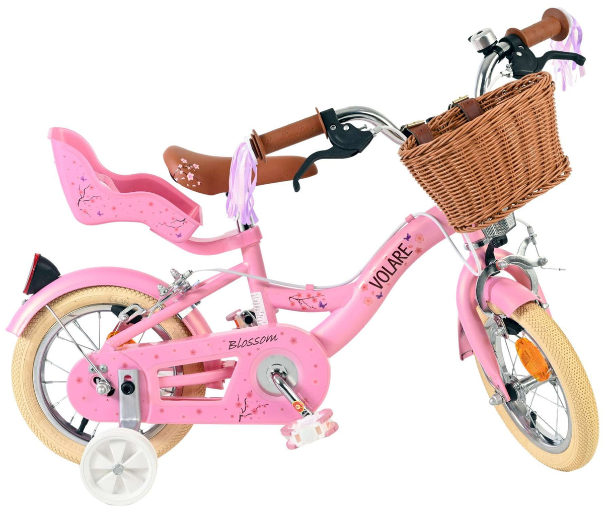 Rosa Kinderfahrrad mit Korb, Blumenmotiv und stabilen Reifen